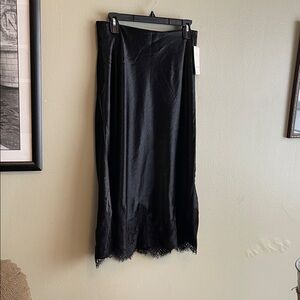 Chic Black Midi Slip Skirt with Lace Hem Sz. M. Textured Sheen, Lingerie Feels!